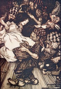 Kääpiöt löysivät illalla tullessaan Lumikellon makaamassa maassa, Grimmin veljesten saduista, pub. 1909 tekijältä Arthur Rackham