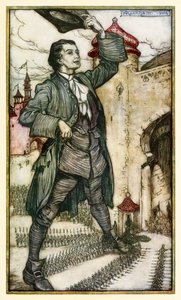 Lilliputin keisari tarkastelee joukkojaan Jonathan Swiftin Gulliversin matkojen I osasta: Matka Lilliputtiin. tekijältä Arthur Rackham