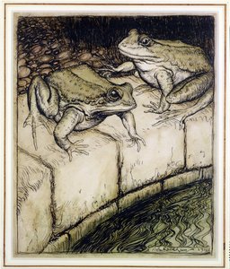 Sammakot ja kaivo, kuvitus Aesops Fablesista, julkaistu 1912 (kynä & muste ja wc paperilla) tekijältä Arthur Rackham