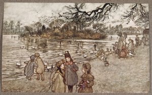 Saari, jolle kaikki linnut syntyvät ja joista tuli poikia ja tyttöjä, Peter Panin Kensington Gardensissa kirjoittanut J M Barrie (1860 - 1937), pub. 1906 tekijältä Arthur Rackham