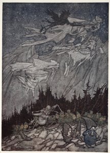 Kaatskill-vuoret olivat aina kummitelleet outoja olentoja. Rip Van Winkle, Washington Irving, pubi. 1910 tekijältä Arthur Rackham