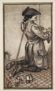 The Lilliputian Tailors Measure Gullliver for a New Suit of Clothes (Lilliputin räätälit mittaavat Gullliverille uudet vaatteet), kirjasta Gullivers Travels by Jonathon Swift (1667 - 1745), pub. 1909 tekijältä Arthur Rackham