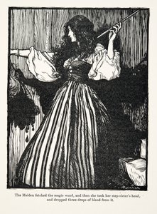 Neito haki taikasauvan, otti sitten sisarpuoliensa päätä ja pudotti siitä kolme pisaraa verta, Grimmin veljesten saduista, kustantaja: The Fairy Tales of the Brothers Grimm. 1909