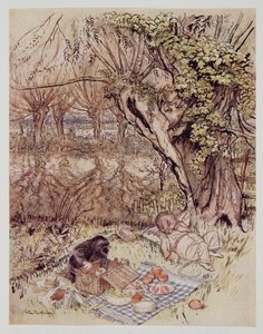 Myyrä pyysi palveluksena saada purkaa kaiken itse, Kenneth Grahamen (1859 - 1932) pubista Wind in the Willows. 1940 tekijältä Arthur Rackham