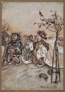 Sydänten kuningatar huutaa vihaisesti krokettipelin jälkeen tekijältä Arthur Rackham