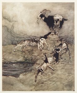 Seitsemän lasta ja heidän äitinsä tanssivat ja tanssivat iloisesti kevään ympärillä, Grimmin veljesten saduista, pub. 1909 tekijältä Arthur Rackham