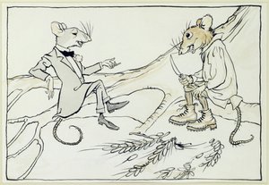 The Town Mouse and the Country Mouse, kuvitus Aesops Fablesista, julkaistu 1912 (kynä & muste wc:llä paperilla) tekijältä Arthur Rackham