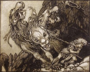 Herkuleen kahdestoista työ, kuvitus teoksesta The Greek Heroes, kirjoittanut B.G. Niebuhr, 1903 (kynä & muste ja wc paperilla) tekijältä Arthur Rackham