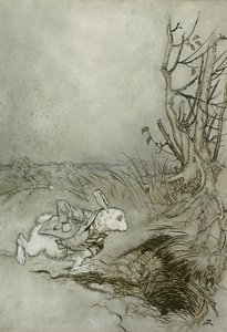 Valkoinen kani, kuvitus "Liisan seikkailuista ihmemaassa", 1907 (kynä, muste ja wc paperilla) tekijältä Arthur Rackham