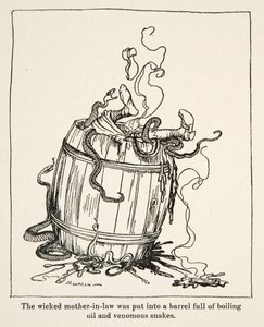 Paha anoppi laitettiin tynnyriin, joka oli täynnä kiehuvaa öljyä ja myrkyllisiä käärmeitä, teoksesta Little Brother & Little Sister and Other Tales by the Brothers Grimm, pub.1917 (litho) tekijältä Arthur Rackham