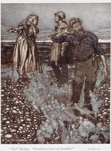 Leski Whitgift ja hänen poikansa, Rudyard Kiplingin (1865-1936) "Puck of Pook Hill" -teoksesta 1906 (kynä ja muste ja akvarelli paperille) tekijältä Arthur Rackham