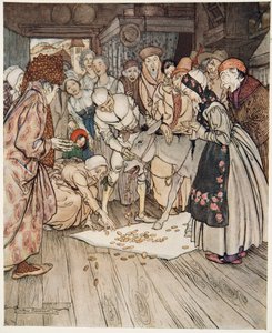 Toivepöytä, jumala-aasi ja nuija selässä, teoksesta Pikkuveli ja pikkusisko ja muita Grimmin veljesten tarinoita, pub.1917 tekijältä Arthur Rackham
