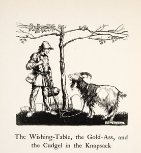 Toivepöytä, kultaaasi ja nuija selässä, teoksesta Little Brother & Little Sister ja muita Grimmin veljesten tarinoita, pub.1917 (litho) tekijältä Arthur Rackham