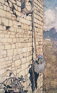 Noita kiipesi ylös .. , Grimmin veljien saduista, pub. 1909 tekijältä Arthur Rackham