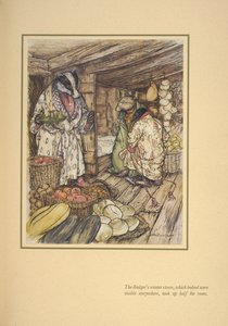 Mäyrän talvivarastot, jotka tosiaan näkyivät kaikkialla, veivät puolet huoneesta. tekijältä Arthur Rackham