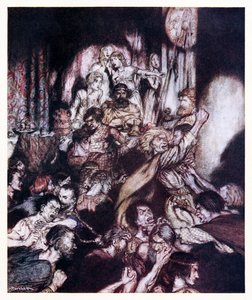 Juhlasalissa vallitsi kuohunta. from The Little Brawl in Irish Fairy Tales (Pikku tappelu irlantilaisista saduista) tekijältä Arthur Rackham