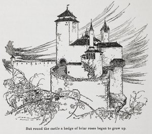 Briar Rosen (Prinsessa Ruusun) orjantappurien ympäröimä linna tekijältä Arthur Rackham