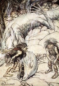 "Kääpiöt riitelevät Fafnerin ruumiista", 1924. tekijältä Arthur Rackham