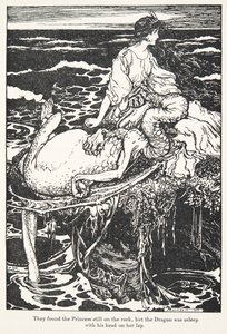 He löysivät prinsessan yhä kalliolta, mutta lohikäärme nukkui pää sylissään, , Grimmin veljesten saduista, kustantamo. 1909 tekijältä Arthur Rackham