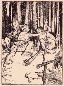 Jättiläinen antoi vieressä istuvalle laatikon korvaan. Arthur Rackhamin kuvitus Grimmin sadusta, Taitava metsästäjä. tekijältä Arthur Rackham