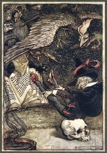 Pieni mies oli istuutunut ympyrän keskelle suuren kallon päälle, The Ingoldsby Legends -pubista. 1907 tekijältä Arthur Rackham