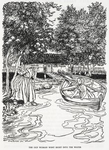 "Vanha nainen meni suoraan veteen". Kuvitus "taikuuden osaavan naisen kukkapuutarhasta". Nuori tyttö, Gerda, veneessä. Vanha nainen astuu jokeen auttamaan häntä. tekijältä Arthur Rackham