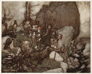 The sleep of Rip Van Winkle., kirjasta Rip Van Winkle, kirjoittanut Washington Irving, pub. 1910 tekijältä Arthur Rackham