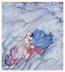 Kaikkien maailmojen aallot näyttivät pyörivän heidän ohitseen yhtenä valtavana vihreänä mattona. from Becuma of the White Skin in Irish Fairy Tales (Irlantilaiset sadut) tekijältä Arthur Rackham