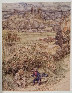 Matkamies tervehti kohteliaisuuden eleellä, jossa oli jotakin vierasta, Kenneth Grahamen (1859-1932) teoksesta Wind in the Willows, pub. 1940 tekijältä Arthur Rackham