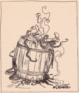 Paha anoppi laitettiin tynnyriin, joka oli täynnä kiehuvaa öljyä ja myrkyllisiä käärmeitä. Arthur Rackhamin kuvitus Grimmin sadusta, Kaksitoista veljestä, julkaistu 1800-luvun lopulla. tekijältä Arthur Rackham