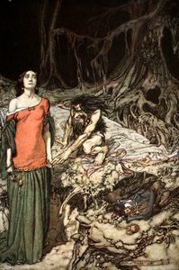 "Hagenin äidin Grimhilden kosiminen", 1924. tekijältä Arthur Rackham