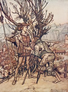 Nuori prinssi sanoi: "En pelkää; olen päättänyt mennä katsomaan ihanaa Briar Rosea", Grimmin veljesten saduista, kustantamo. 1909 tekijältä Arthur Rackham