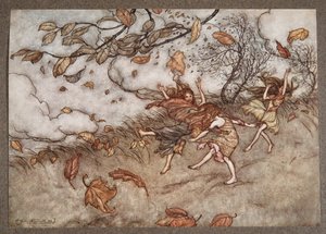Melkein missään ei ole niin suurta hauskanpitoa kuin pudonneessa lehdessä, J. M. Barrien (1860-1937) Peter Pan in Kensington Gardens, pub. 1906 tekijältä Arthur Rackham
