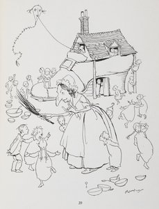 Siellä oli vanha rouva, joka asui kengässä. Nainen, jolla on kenkätalo ja paljon lapsia. tekijältä Arthur Rackham