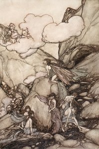 Nämä keijuvuoret, jotka ovat peräisin Washington Irvingin Rip Van Winkle -teoksesta, kust. 1910 tekijältä Arthur Rackham
