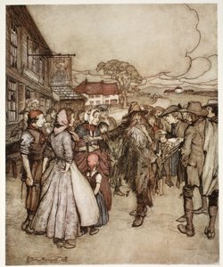 He tungosivat hänen ympärillään ja katselivat minua päästä jalkaan suurella uteliaisuudella. Rip Van Winkle, Washington Irving, pubi. 1910 tekijältä Arthur Rackham