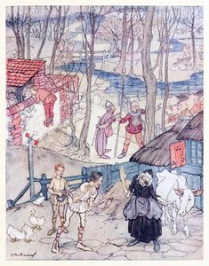 He tarjosivat lehmää jokaisesta jalasta, mutta hän ei hyväksynyt tarjousta, ellei Fiachna menisi takuita vastaan maksamaan. from Mongans Frenzy in Irish Fairy Tales (Irlantilaiset sadut) tekijältä Arthur Rackham
