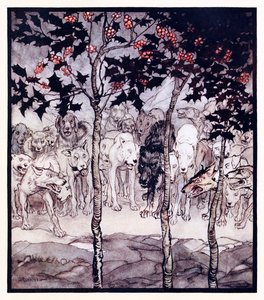 He seisoivat ulkona, täynnä raakuutta ja kauhua. alkaen The Enchanted Cave of Cesh Corran in Irish Fairy Tales (Irlantilaiset sadut) tekijältä Arthur Rackham