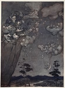 Heitä hallitsi vanha squaw-henki, joka ripusti uudet kuut taivaalle ja leikkasi vanhat tähdiksi., Rip Van Winkle, Washington Irving, pubi. 1910 tekijältä Arthur Rackham