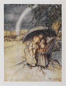 Kolme lasta suojaa sateenvarjon alla sateenkaaren kanssa. "Sade, mene Espanjaan". tekijältä Arthur Rackham