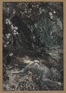 Titania makaa unessa. Kohtaus Kesäyön unelmasta. tekijältä Arthur Rackham