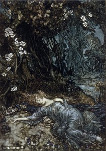 Titania Feesin kuningatar nukkuu. Arthur RACKHAMin (1867-1939) kuvitus William SHAKESPEAREN kesäyön unelmaan tekijältä Arthur Rackham