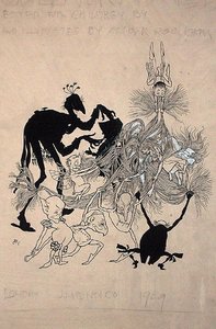 Nimisivukuvitus teokselle "The Zankiwank and the Bletherwitch", kirjoittanut S.J. Adair Fitzgerald, julkaistu 1896 (kynä ja muste paperille) tekijältä Arthur Rackham