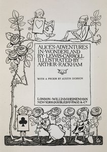 Nimisivulla ruusupensas, Valkoinen Kani ja korteiksi pukeutuneita miehiä tekijältä Arthur Rackham