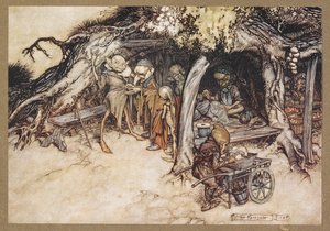 Tehdäkseni pieniä tonttujani takkeja. Kohtaus Kesäyön unelmasta. tekijältä Arthur Rackham