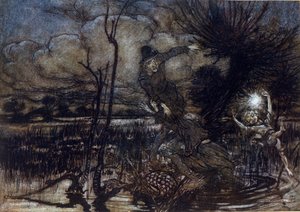 Kaksi hahmoa ei hukku suohon, Puck auttaa heitä tulessa. Arthur RACKHAMin (1867-1939) kuvitus William SHAKESPEAREN kesäyön unelmaan tekijältä Arthur Rackham