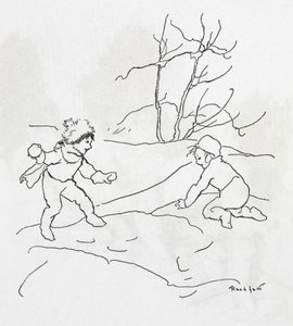 Kaksi lasta lumipallosotaa tekijältä Arthur Rackham