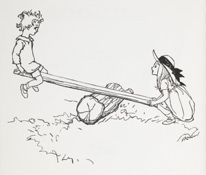 Kaksi lasta nähdä sahalla. tekijältä Arthur Rackham