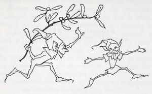 Dois elfos brincando, um carregando um raminho de visco finlandês tekijältä Arthur Rackham