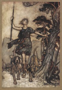 Me, rehellinen kuningatar, nousemme vuoren huipulle ja merkitsemme koirien musiikillista hämmennystä ja kaikumme hämmennyksestä. Kohtaus Kesäyön unelmasta. tekijältä Arthur Rackham